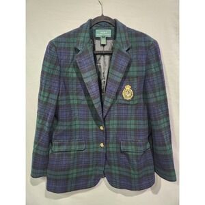 Polo‎ Ralph Lauren Blackwatch Tartan Bullion Crest Blazer Navy/Green 10 Cashmere